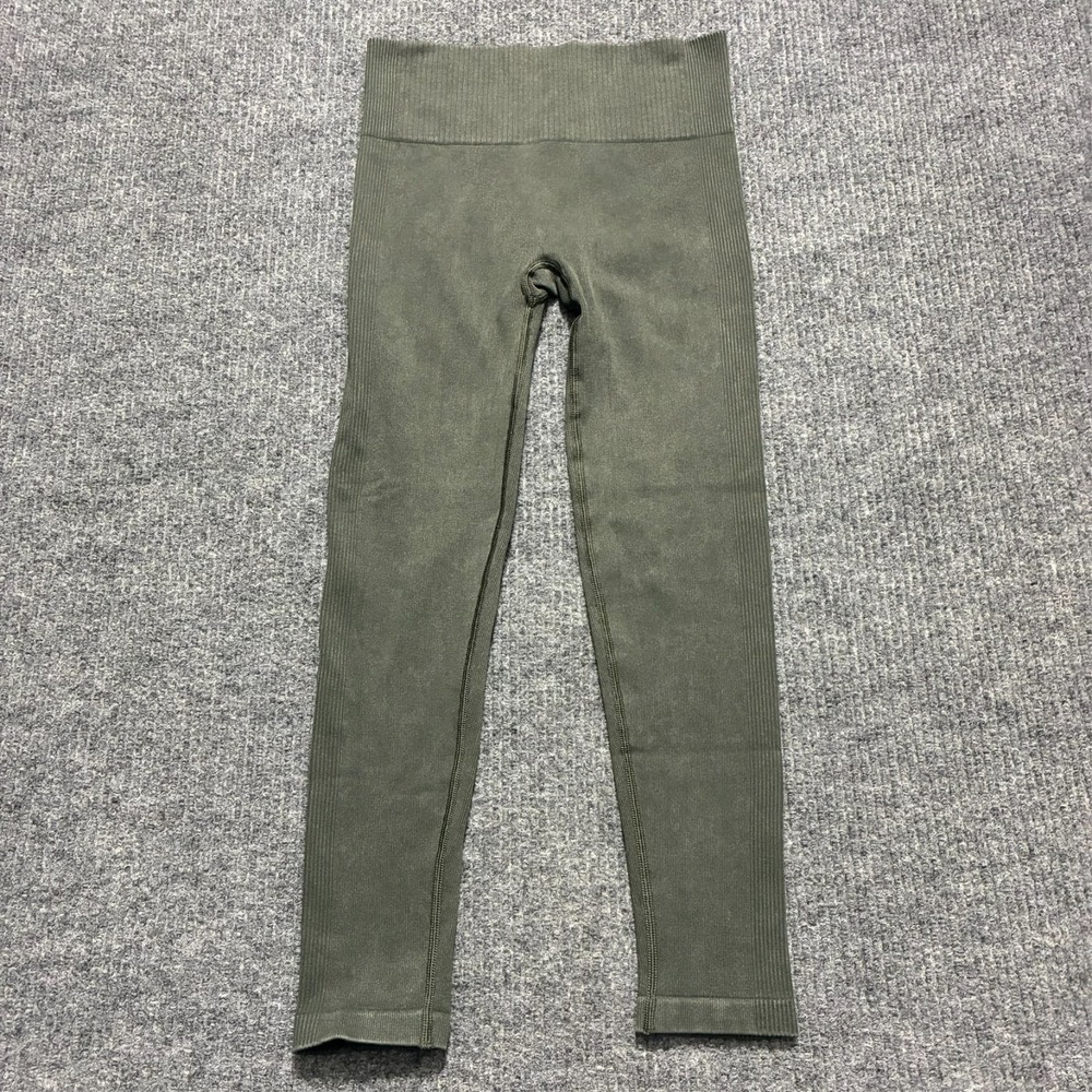 Spanx Seamless Ribbed Leggings Size M Olive Green Shaping Stretch Mid Rise